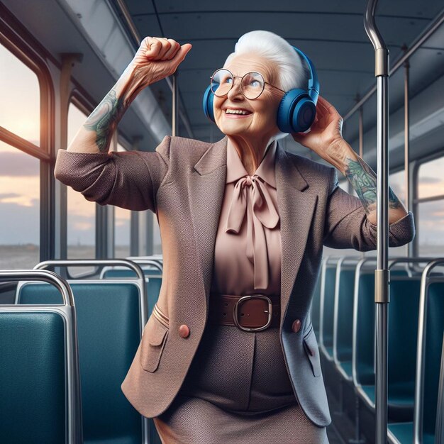 PSD hyper realisitc vector art colorido feliz rindo avó ouvindo música ônibus dançando tatuagem