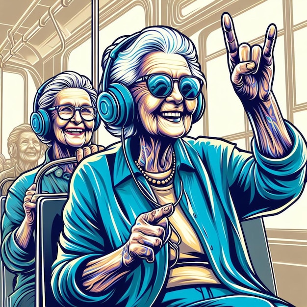 PSD hyper realisitc vector art colorido feliz rindo avó ouvindo música ônibus dançando tatuagem
