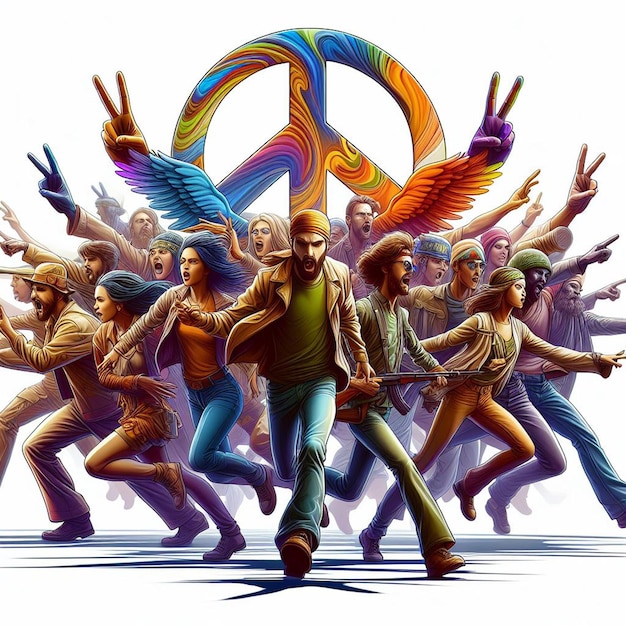 PSD hyper realisitc vector art colorido feliz rindo hippie pacífica paz grupo dançando tatuagem