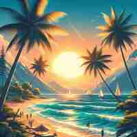 PSD hyper realisitc vector art palmeira de coco cena de praia pôr do sol do caribe pano de fundo foto de papel de parede