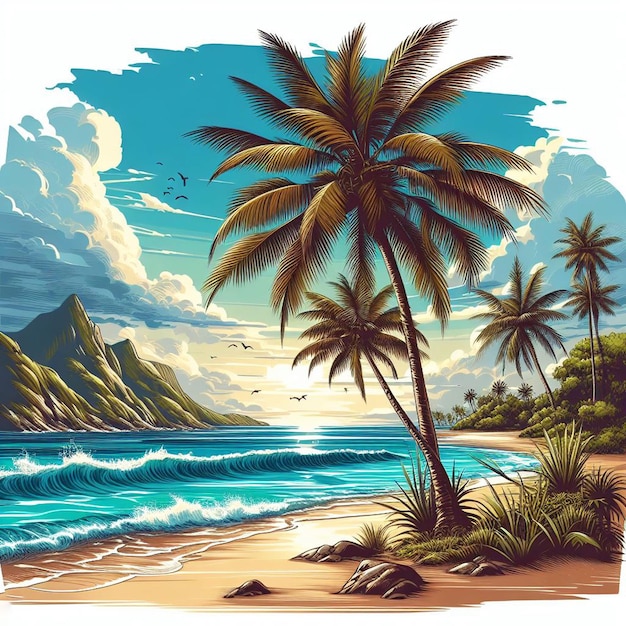 Hyper Realisitc Vector Art Palmeraie De Noix De Coco Scène De Plage Coucher De Soleil Des Caraïbes Fond D'écran Papier Peint