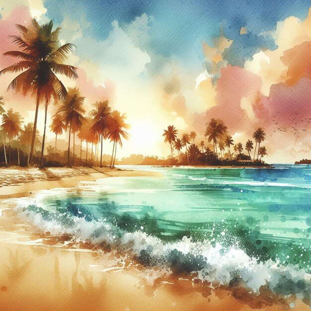 PSD hyper realisitc vector art palmeraie de noix de coco scène de plage coucher de soleil des caraïbes fond d'écran papier peint