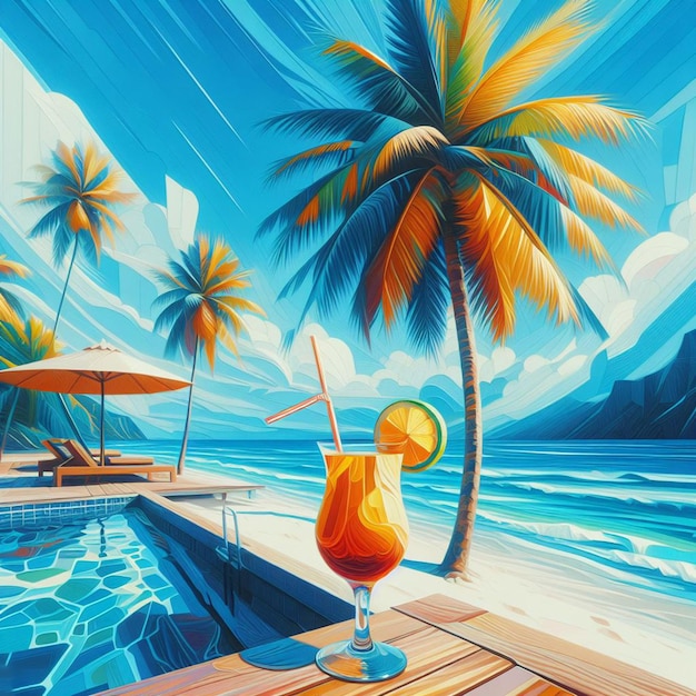 PSD hyper realisitc vector art palmeraie de noix de coco scène de plage coucher de soleil des caraïbes fond d'écran papier peint