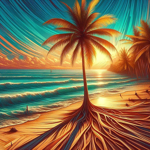 Hyper Realisitc Vector Art Palmeraie De Noix De Coco Scène De Plage Coucher De Soleil Des Caraïbes Fond D'écran Papier Peint