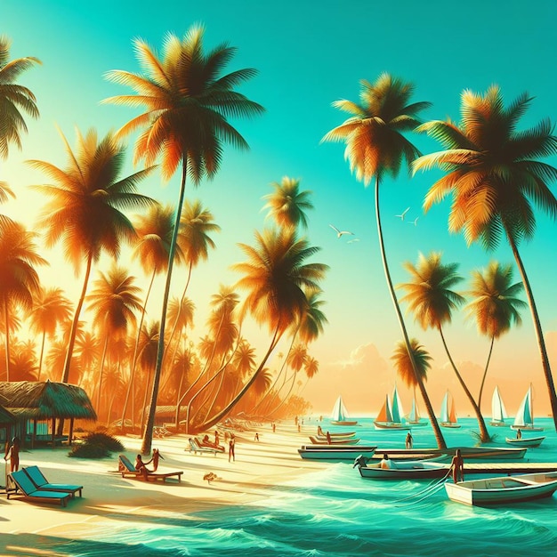 PSD hyper realisitc vector art palmeraie de noix de coco scène de plage coucher de soleil des caraïbes fond d'écran papier peint