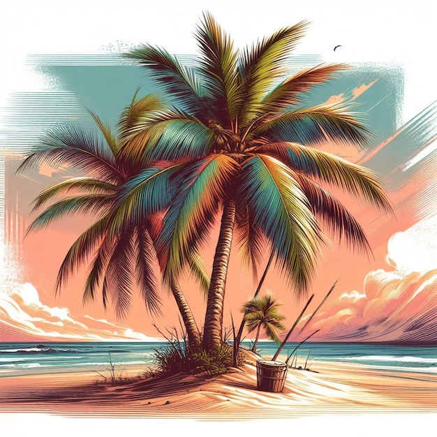 PSD hyper realisitc vector art palmeraie de noix de coco scène de plage coucher de soleil des caraïbes fond d'écran papier peint
