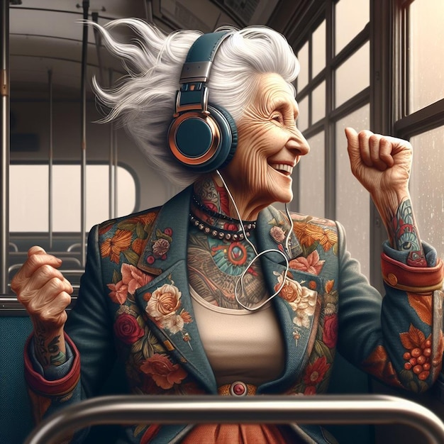 PSD hyper réaliste art vectoriel coloré grand-mère heureuse riante écoutant de la musique bus dansant tatouage