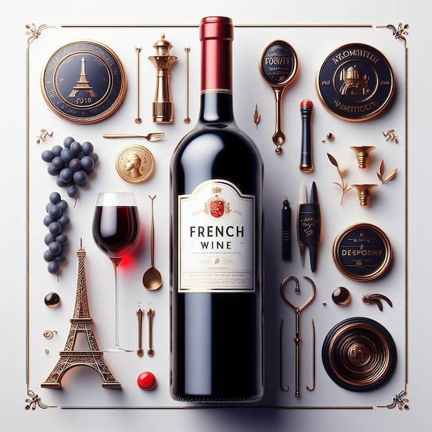 PSD hyper réaliste isolé bouteille française vin rouge still pic portrait art vectoriel emoji illustration