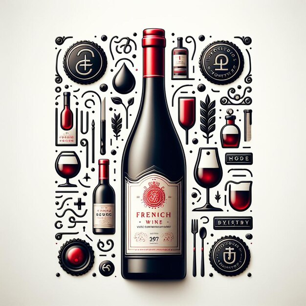 PSD hyper réaliste isolé bouteille française vin rouge still pic portrait art vectoriel emoji illustration