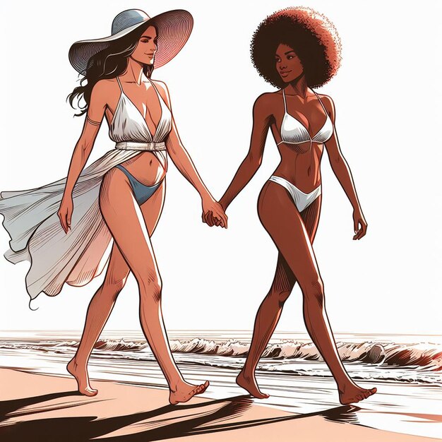 PSD hyper réaliste vector art 2 filles femmes heureuses diversité ethnique aller main dans la main plage soleil couchant amis