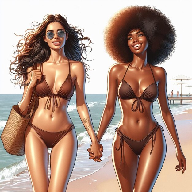 Hyper Réaliste Vector Art 2 Filles Femmes Heureuses Diversité Ethnique Aller Main Dans La Main Plage Soleil Couchant Amis