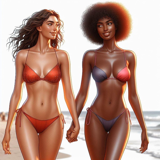 PSD hyper réaliste vector art 2 filles femmes heureuses diversité ethnique aller main dans la main plage soleil couchant amis