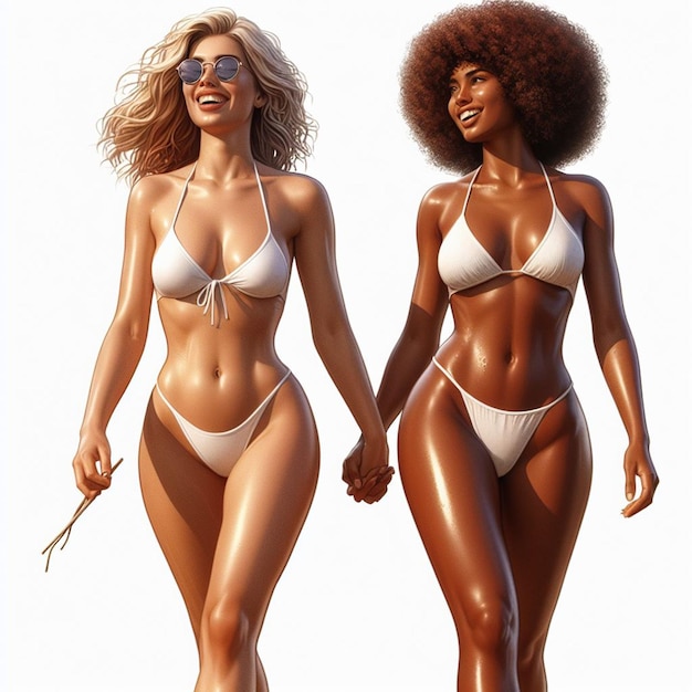 PSD hyper réaliste vector art 2 filles femmes heureuses diversité ethnique aller main dans la main plage soleil couchant amis