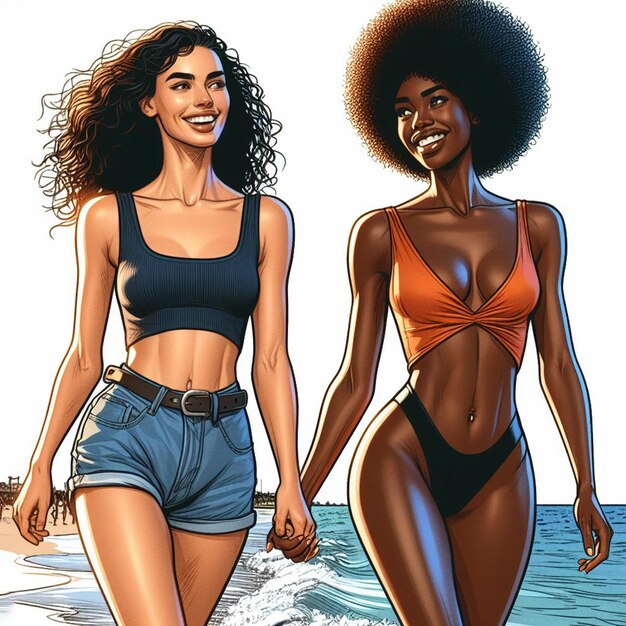 PSD hyper réaliste vector art 2 filles femmes heureuses diversité ethnique aller main dans la main plage soleil couchant amis