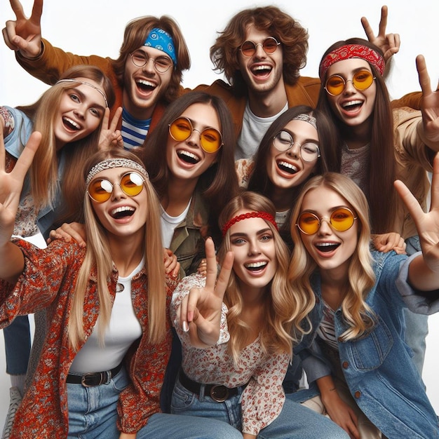 PSD hyper réaliste vector art coloré heureux rire hippie pacifique groupe de danse de paix tatouage