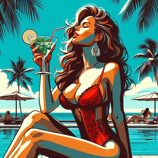 PSD hyper réaliste vector art mode à la mode au bord de la piscine profiter du mojito cocktail frais femme craibbean dame