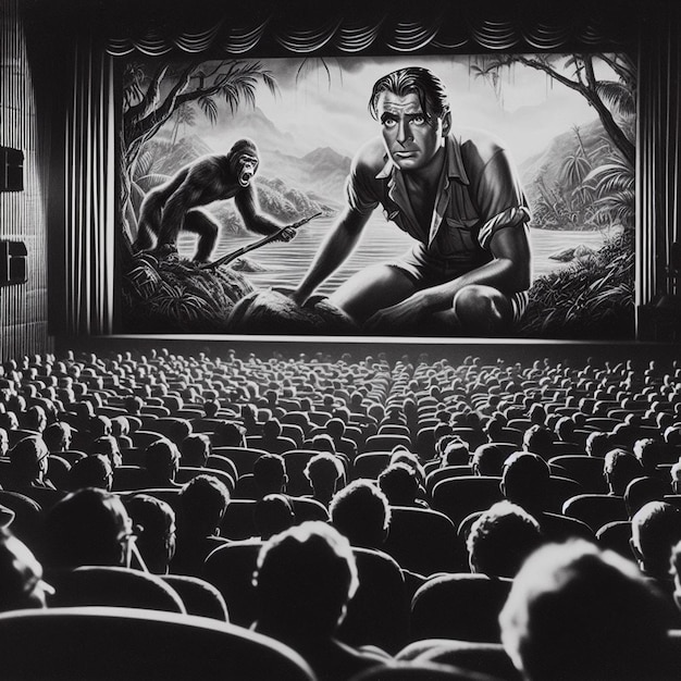 PSD hyperrealista: cena de cinema clássico de 1930 audiência emocionante cinema cinema filme