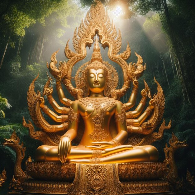 PSD hyperrealista sagrada sagrada estátua dourada de buda na selva brilhando no sol para mãos de oração