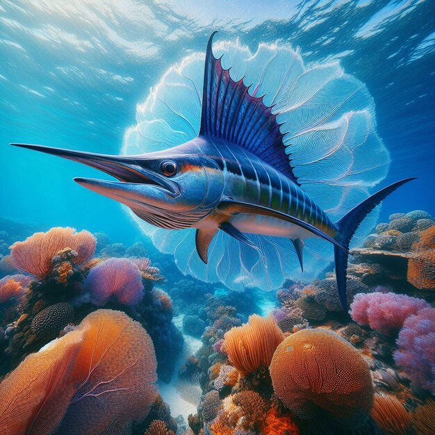 PSD hyperréaliste aminal poisson marlin bleu nageant dans l'océan fond papier peint mer au large