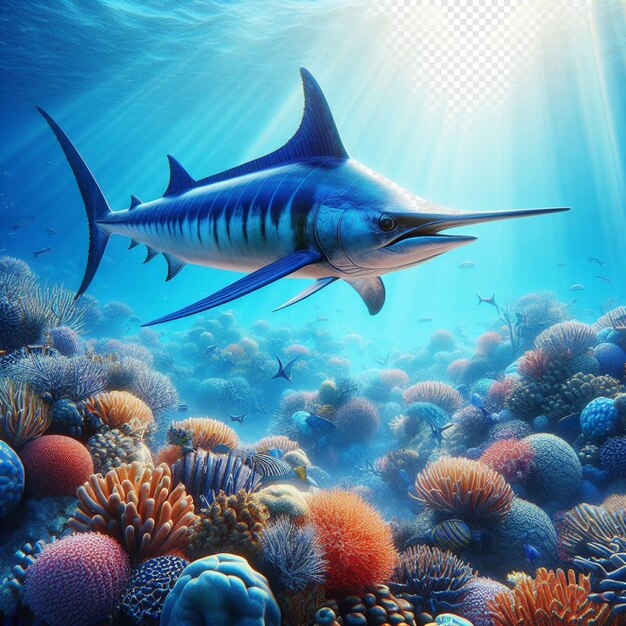 PSD hyperréaliste aminal poisson marlin bleu nageant dans l'océan fond papier peint mer au large