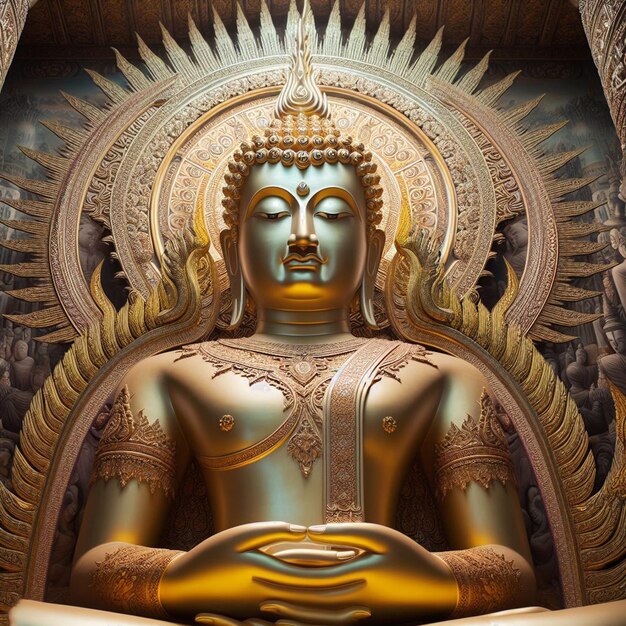 PSD hyperréaliste saint sacré statue dorée de bouddha dans la jungle brillant au soleil pour les mains de prière
