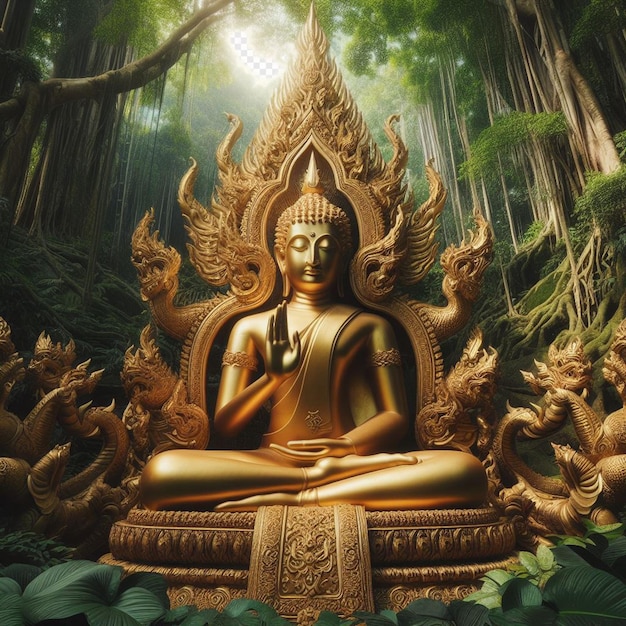 Hyperréaliste Saint Sacré Statue Dorée De Bouddha Dans La Jungle Brillant Au Soleil Pour Les Mains De Prière
