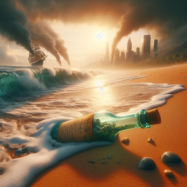 PSD hyperréaliste vibrant des caraïbes message tropical dans une bouteille trésor pirate plage coucher de soleil