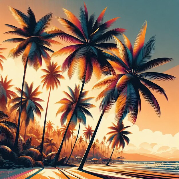 PSD hyperrealistic vector art kokospalmen strandszene karibik sonnenuntergang hintergrund tapete bild