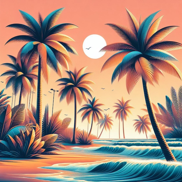 PSD hyperrealistic vector art kokospalmen strandszene karibik sonnenuntergang hintergrund tapete bild