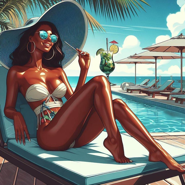 PSD hyperrealistic vector art trendige mode am pool genießen sie mojito frischen cocktail craibbean frau dame