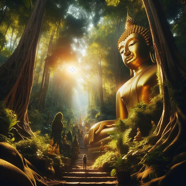 Hyperrealistische heilige, heilige, goldene buddha-statue im dschungel, die in der sonne leuchtet, um zu beten.