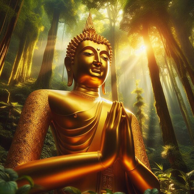 PSD hyperrealistische heilige, heilige, goldene buddha-statue im dschungel, die in der sonne leuchtet, um zu beten.