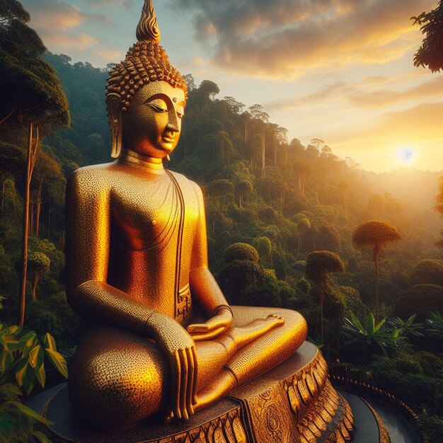 PSD hyperrealistische heilige, heilige, goldene buddha-statue im dschungel, die in der sonne leuchtet, um zu beten.