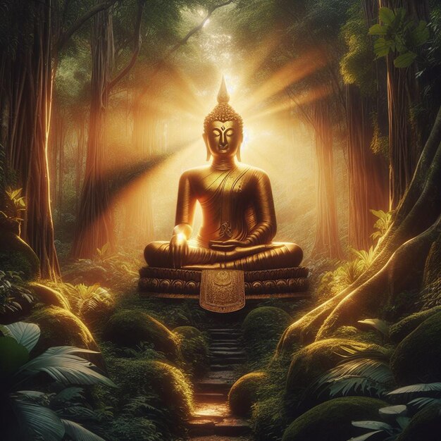 PSD hyperrealistische heilige, heilige, goldene buddha-statue im dschungel, die in der sonne leuchtet, um zu beten.