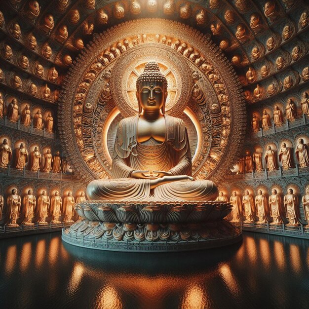 PSD hyperrealistische heilige, heilige, goldene buddha-statue im dschungel, die in der sonne leuchtet, um zu beten.