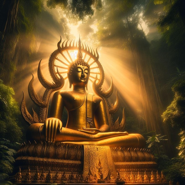 PSD hyperrealistische heilige, heilige, goldene buddha-statue im dschungel, die in der sonne leuchtet, um zu beten.