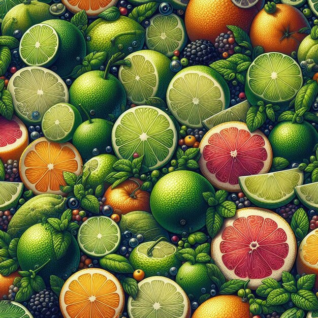PSD hyperrealistische nahtlose tropische fruchtige grüne gelbe rote zitronen limetten frucht textur muster stoff
