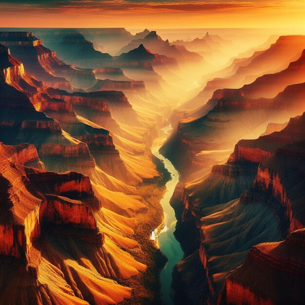 PSD hyperrealistische sicht auf die lebendige goldene landschaft des grand canyon mit sonnenuntergangs-hintergrundlichtern.