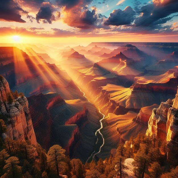 PSD hyperrealistische sicht auf die lebendige goldene landschaft des grand canyon mit sonnenuntergangs-hintergrundlichtern.