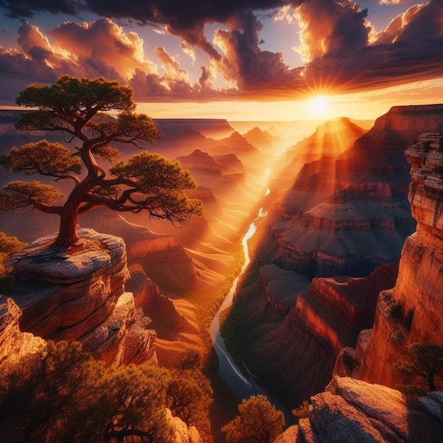 Hyperrealistische sicht auf die lebendige goldene landschaft des grand canyon mit sonnenuntergangs-hintergrundlichtern.