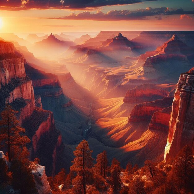 PSD hyperrealistische sicht auf die lebendige goldene landschaft des grand canyon mit sonnenuntergangs-hintergrundlichtern.