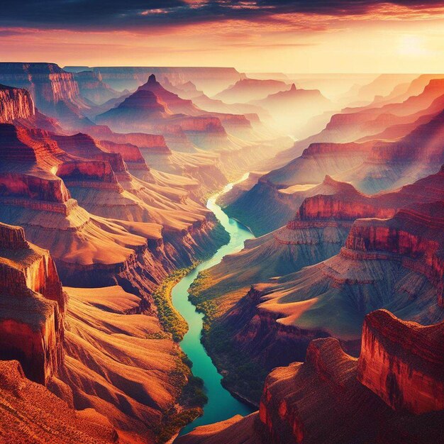 Hyperrealistische sicht auf die lebendige goldene landschaft des grand canyon mit sonnenuntergangs-hintergrundlichtern.