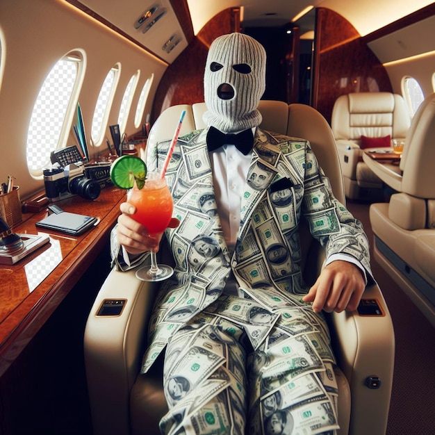 PSD hyperrealistische vektorillustration von mafiosi sitzt in einem privatjet in einem geschäftsanzug cocktail