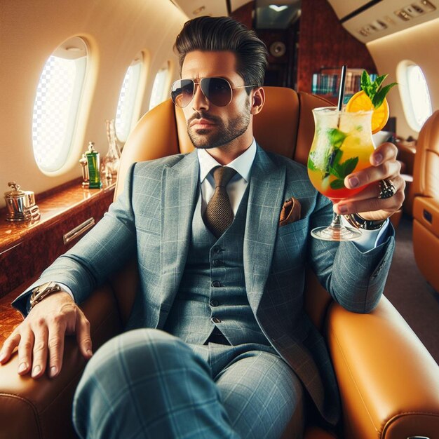 Hyperrealistische vektorillustration von mafiosi sitzt in einem privatjet in einem geschäftsanzug cocktail