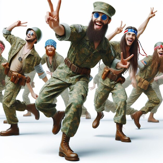 PSD hyperrealistische vektorkunst farbenfrohe glückliche lachende hippie friedliche uniform tanzende tätowierung