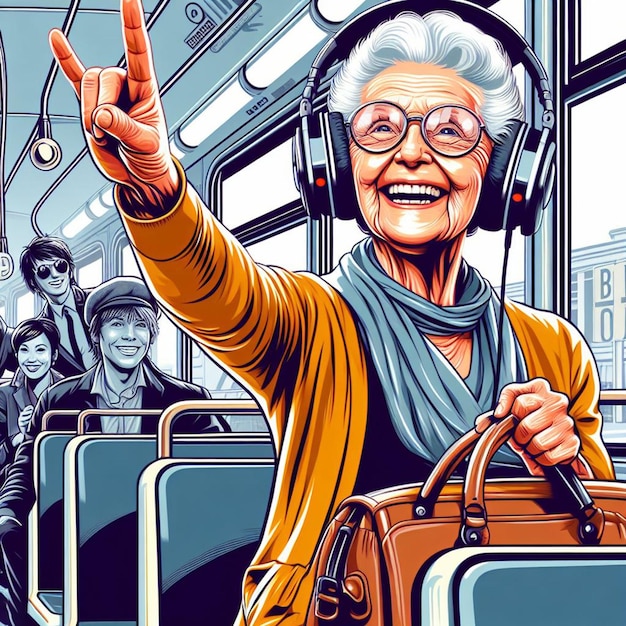 Hyperrealistische vektorkunst farbenfrohe, glückliche, lachende oma, die musik hört, im bus tanzt, tätowierung