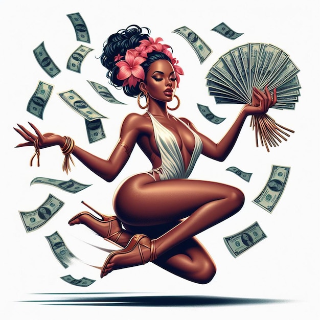 Hyperrealistische vektorkunst hübsche frau bikini einkaufskönigin verschwendung von geld dollar tapete
