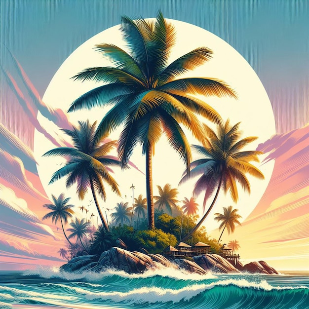 PSD hyperrealistische vektorkunst-illustration karibische kokosnusspalmen strand sonnenuntergang poster hintergrund
