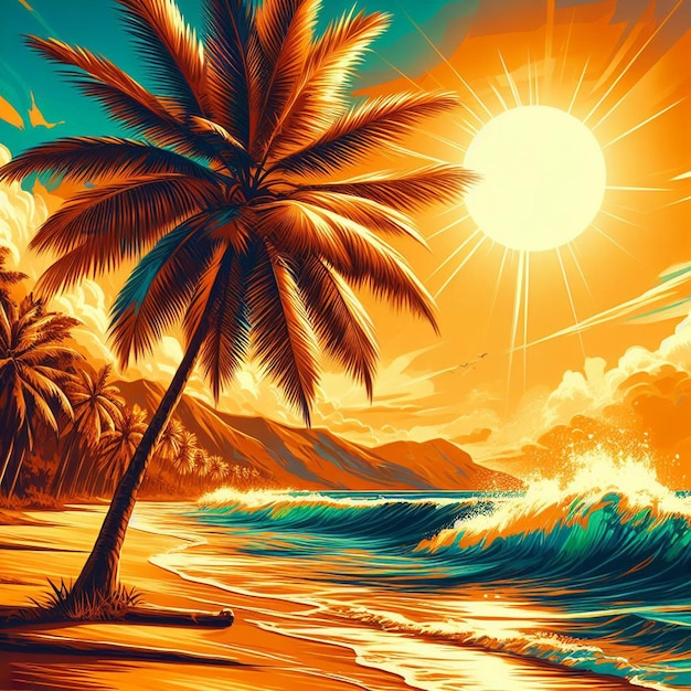 PSD hyperrealistische vektorkunst-illustration karibische kokosnusspalmen strand sonnenuntergang poster hintergrund