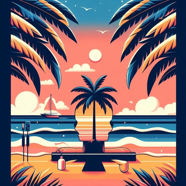 PSD hyperrealistische vektorkunst illustration tropische karibikpalme kokosnusspalme strand sonnenuntergang poster